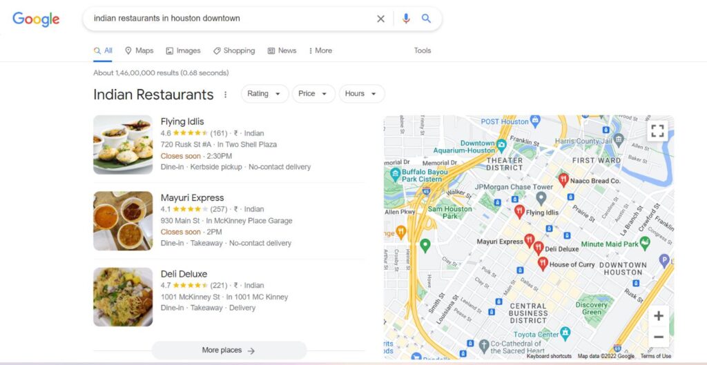 Screenshot of Google Map Pack Local Search (Indian Restaurants in Houston, Downtown)